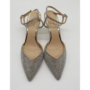 Jewel Badgley Mischka Silver Rhinestone Pointed Toe Ankle Strap Heels Size 6.5 N